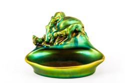 Zsolnay, hunting dog eosin green gold porcelain soap dish, flawless! (P185)