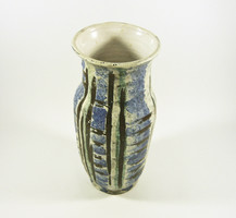 Gorka lívia, retro 1960s blue striped white artistic ceramic vase, flawless! (G064)