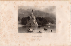 Tell kápolna, acélmetszet 1843, Payne's Universum, eredeti, 11 x 15, metszet, Svájc, Luzern, tó