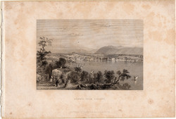 Genf, acélmetszet 1843, Payne's Universum, eredeti, 11 x 17, metszet, Coligny, Svájc, tó