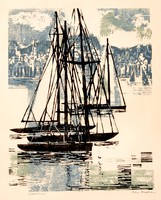András Rác (1926-2013): sailboats - large, colored linoleum engraving