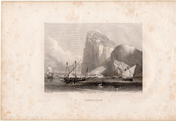 Gibraltár, acélmetszet 1843, Payne's Universum, eredeti, 11 x 15, metszet, szoros, Földközi - tenger