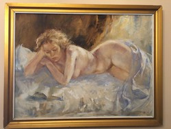 Csomor Katalin ( 1945- ) Olvasó nő című képcsarnokos festménye .