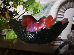 Ceramic bowl, kale leaf serving, needlework, green glazed kitchen utensil 28 cm