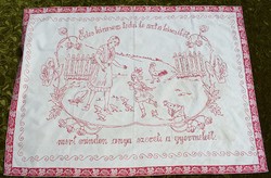 Hímzett falvédő néprajzi kézimunka , hímzés , mintás , magyar szöveges falvédő 87 x 63 cm