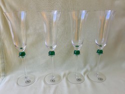 Art deco stílusú, Ajka kristály pezsgős pohár, zöld gömbbel (4 db)