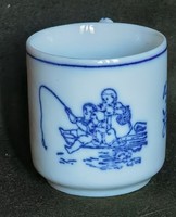 Antik kék- fehér porcelán manófüles mokkás csésze horgászó gyerekek