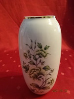 Hollóházi porcelán váza, zöld és sárga virágmintás, magassága 17 cm. Vanneki!