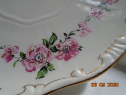 Zsolnay tea coaster with shield seal, painted over glaze, gold contoured, peach blossom pattern