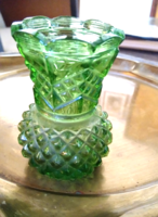 Antik csehszlovák apró 8 cm magas zöld bütykös üveg ibolya  váza