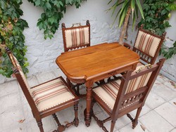 Antik rusztikus asztal 4 db kárpitozott székkel