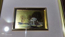 Antik régi arany fóliás cromo litográfia keretezett jelzett tájkép kép