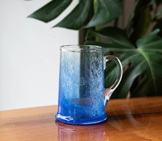 Retro Karcagi (Berekfürdői) fátyolüveg bögre - sötét kék repesztett üveg sörös korsó, krigli
