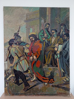 Antik olaj vászon 1951 festmény Jézus feszület stáció Szignált 4452