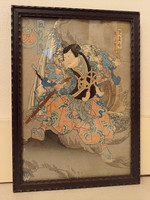 antik japán szamuráj harcos fametszet üveg alatt keretben 2.