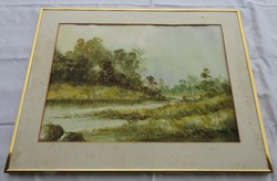 Jelzett Matie akvarell tájkép réz keretben