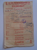 AV836.9   M. Kir. Postatakarékpénztár -ZÁLOGJEGY  1944  fülbevaló / brill