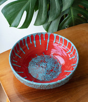 Marked sword in retro ceramic bowl - serving, centerpiece with red and turquoise blue glaze - craftsman's piece