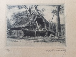 Boat in front of the hut - old numbered etching with unknown sign