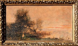 Michael Zeller (1859-1921): landscape at dusk - antique painting, original frame