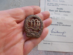 WW2, Nazi sportabzechen badge and, tanusitvany, original