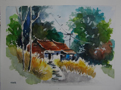 Moona - house in the forest original watercolor / origin aquarell