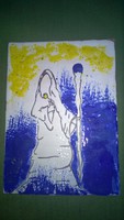 Nagyon mai alkotás ! Angyal virággal tűzzománc kép iparművészeti  18x13 cm