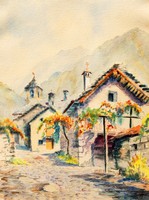 T.T.:  Virágos utca (Sonogno, Svájc) - keretezett akvarell