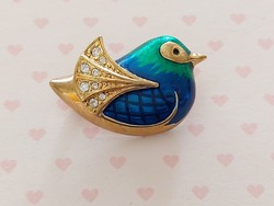 Retro női bross kék zöld kismadár madár alakú fém kitűző