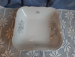 Régi Drasche szögletes porcelán köretes, pörköltes tál, szürke virág mintával