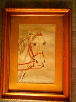 -Antique needle tapestry horse portrait (tiny hand tapestry) picture framed 48 cm x 36 cm