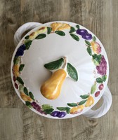 Sárospataki  domború gyümölcsös , kézzel festett kerámia leveses tál, nagy tálaló és 6 lapos tányér