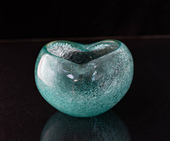 Retro Karcagi (Berekfürdői) fátyolüveg hamutál - türkiz kék repesztett üveg hamutartó