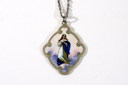 Antique Virgin Mary hand painted porcelain pendant in silver socket with silver chain