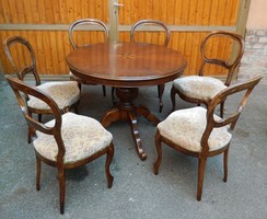 Antik intarziás ebédlő asztal 6 székkel (kinyitható)