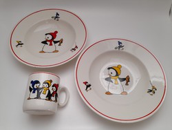Granite penguins on plates and mug, kids set