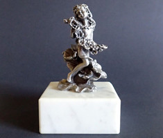 Old retro metal sculpture tin lead metal female figurine sculpture on stone base
