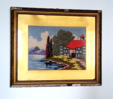 "Ház a parton" Antik gobelin kép, üvegezett, fa  keretben