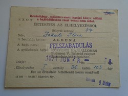 D185415 Aldunai utazás értesítője  a Felszabadulás hajóval 1971  Értesítés az elhelyezésről