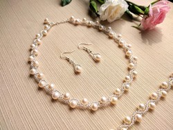 Wedding jewelry set - cultured pearl bracelet - freshwater pearl necklace - silver earrings 925