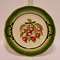 Hollóházi cseresznyemintás, zöld riolit keménycserép falitányér (1972)