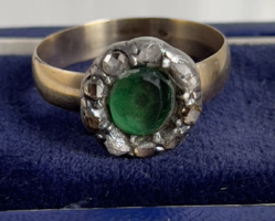 1 Forintról! Antik Gyémánt gyűrű zöld kővel 14 karátos Arany, a Gyémánt ezüst foglalatban! 3,7 gramm