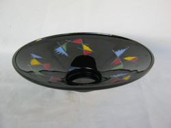 Retro ... fekete üveg tál színes mintákkal asztalközép kínáló
