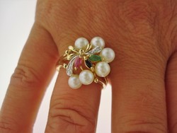 6  gyöngy gyémánt-rubin-zafír-smaragd arany gyűrű.Új!