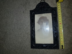Antique photo holder, picture frame, metal, glazed
