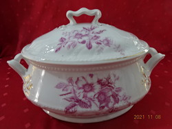 Német porcelán leveses tál, antik, rózsaszín virággal, hossza 31 cm. Vanneki!