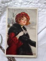 Antik amerikai művészlap/üdvözlőlap/képeslap, hölgy prémben, téli öltözetben, havas táj 1915