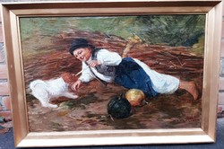 Géza Peske: a boy playing with a dog
