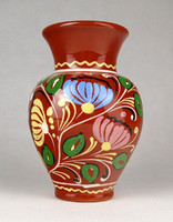 1G475 brown glazed painted flower pattern ceramic vase 14.5 Cm