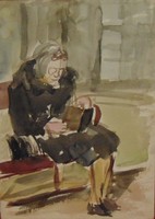 Varga Ferenc: Öreg néni a padon, 1964 - Igényesen megfestett akvarellmunka (számlával)